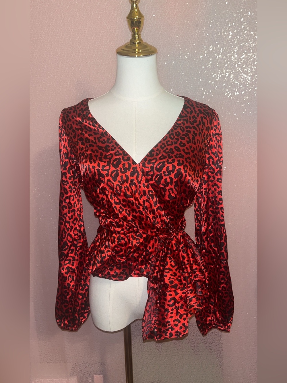 Red Leopard Satin Wrap Top LILY WHITE